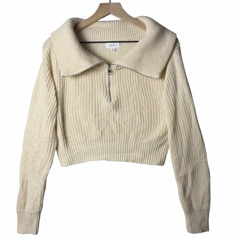 Mable Ribbed Crop 1/2 Zip Sweater Cream Women's size S